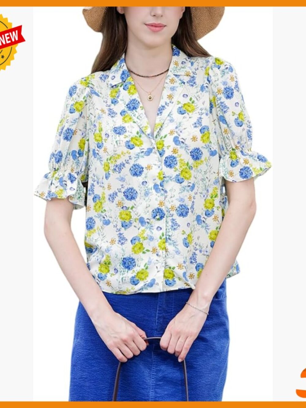 100% Silk Button Down Blouse Short Sleeve Ruffle Floral Print Business Casual